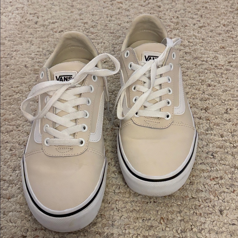Vans Cream Lace-Up Leather Sneakers, Deluxe Comfort, Excellent Condition